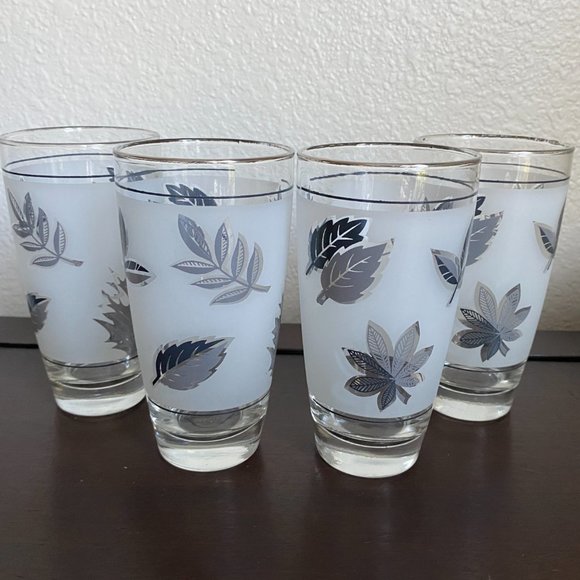 Vintage Libby Silver Leaves Frosted MCM Drinkware Set Of 4 - Picture 4 of 16
